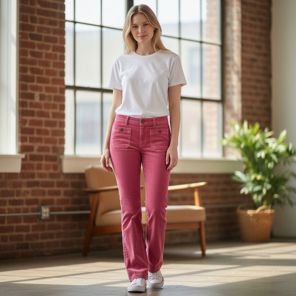 FREE PEOPLE 4 Pink Corduroy Flare Pants Button Pockets Mid Rise Stretch Boho 70s - Picture 3 of 8